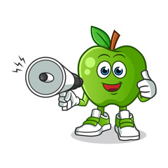 Obraz premium green apple happy hold handy loudspeaker mascot vector cartoon illustration