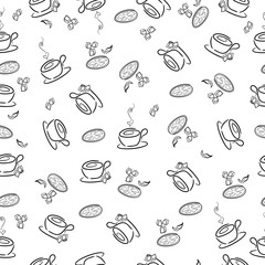 Hand drawn set of drinks: tea, coffee. Black and white seamless pattern.