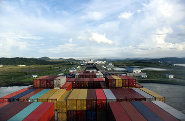 Large container ship entering Cocoli Locks during her transit through the Panama Canal. 