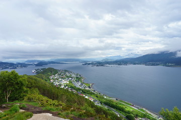Beautiful coastal city Alesund, view from the mountain Sukkertoppen.