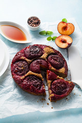 vegan cake with fresh plums and maple syrup. gluten free and refined sugar free. paleo