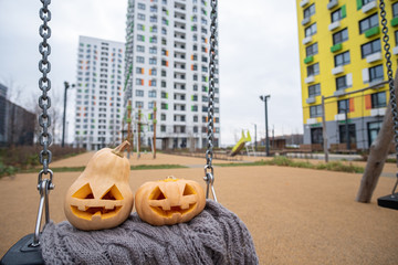Jack o lanterns Halloween pumpkins face. outdoor