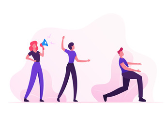 Social Media Marketing Teamwork Cooperation. People Group Stand in Row Gesturing with Hands under Management