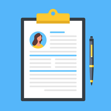 Resume, CV. Clipboard with job application form and pen. Vector illustration