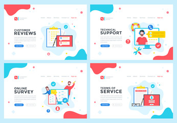 Customer reviews, technical support, online survey, terms of service concepts. Modern web page, website design templates set. Vector illustration