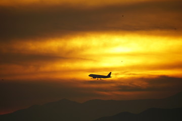 plane clouds sunset avion reactor sobre cielo amarillento al atardecer malaga andalucia