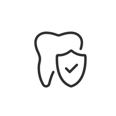 Vector tooth and shield with check mark icon. Dental insurance, dental care concepts. Vector line icon