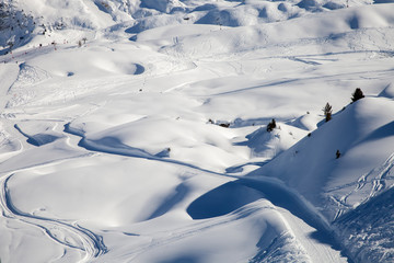 Fototapeta na wymiar Skiing region Paradiski in sunny day, la Plagne, France