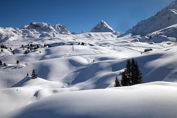 ski resort la Plagne in sunny day, French Alps