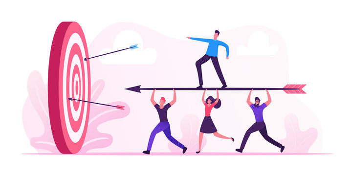 Business Goals Achievement Concept. Businesspeople Team Carry Huge Arrow with Businessman Standing on it Running