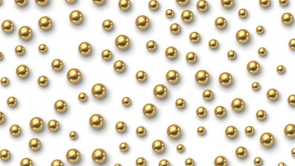 Golden balls scattered on white background. Vector illustration