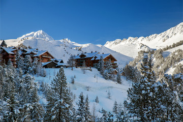 winter Alpine landscape with houses and trees