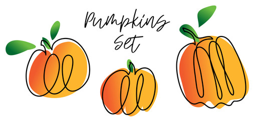 Vector hand drawn orange editable pumpkins set isolated on white