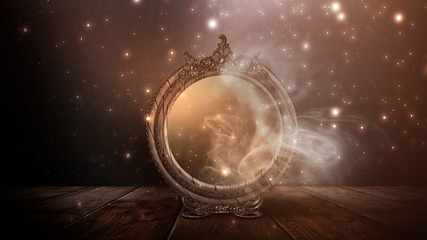 Dark fantasy mystical landscape. Dark forest, magic mirror. Night view, smoke, smog, neon light, moon.