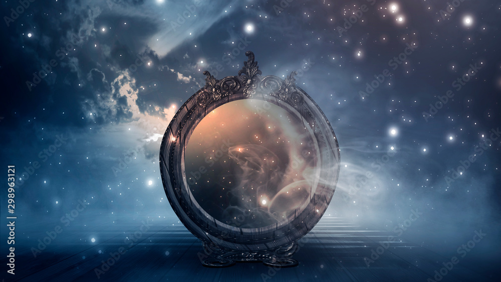 Wall mural dark forest, magic mirror. night view, smoke, smog, neon light, moon. dark fantasy mystical landscap