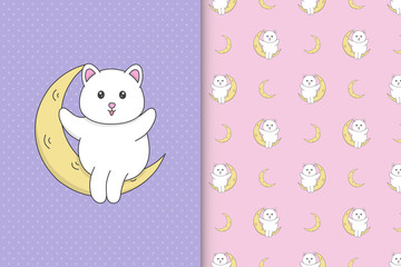 Cute cat sit on moon seamless pattern illustration for children's products