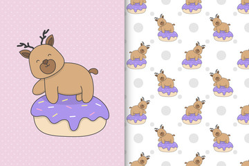 Cute deer with cake seamless pattern illustration for children's products