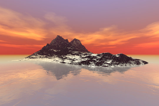 Island, a polar landscape, snow on the ground, reflection in water and orange clouds in the sky.