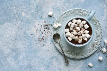 Homemade hot chocolate with mini marshmallow .Top view with copy space.
