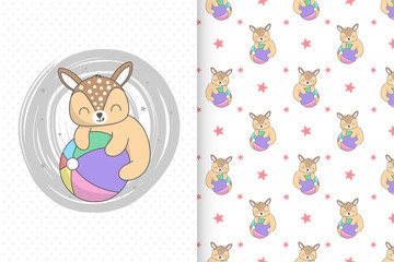 Cute deer playing balloon ball seamless pattern illustration for children's products