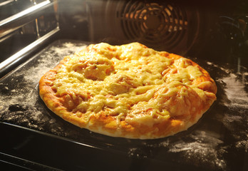 cooking pizza in the oven closeup