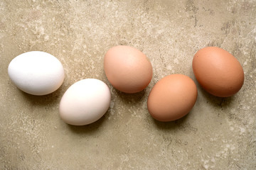 White and beige raw chicken eggs. Top view with copy space.