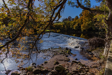 River weir viewed through autumnal trees with blue sky