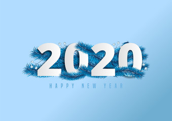 2020 happy new year lettering on ice blue background decorated with pine leaves and berries.