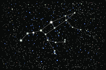 Vector illustration of the constellation Great Bear on a starry black sky background. Big Dipper or the Plough is a large asterism of the constellation Ursa Major.	
