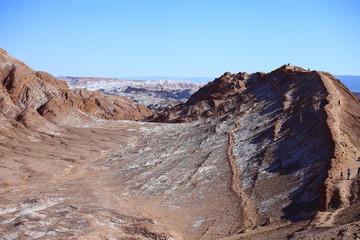 Atacama desert, Chile, with colored mountains in the foreground. Mountains and blue sky in the background.