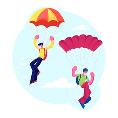 Skydiver Characters Jumping with Parachute Soaring in Sky
