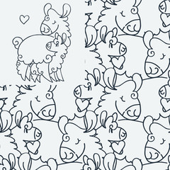 Seamlees pattern with cute fluffy alpacas. Funny smiling cozy animals.