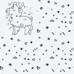 Seamless pattern with cute fluffy alpaca. Funny smiling cozy animal.