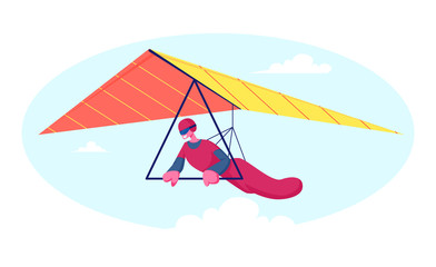 Hang Glider in Helmet and Uniform Soaring Thermal Updrafts Suspended on Harness Below the Wing, Extreme Outdoors Sport Activity, Sky Diving Sportsman Flying Paraplane Cartoon Flat Vector Illustration