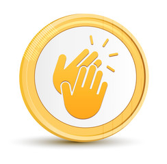 Hands clap icon gold round button golden coin shiny frame luxury concept abstract illustration isolated on white background
