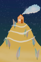 Naklejka premium christmas landscape, hill house, starry sky