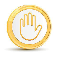 Stop hand icon gold round button golden coin shiny frame luxury concept abstract illustration isolated on white background