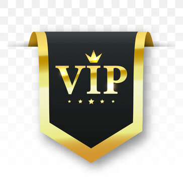 Vip label, badge or tag. Vector black banner with gold vip text. Vector illustration