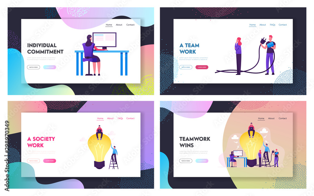 Sticker creative idea in business development website landing page set. businesspeople working in office dev
