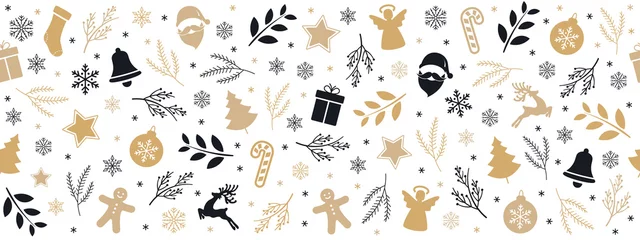 Christmas icon elements golden black border pattern isolated white background. © Pixasquare