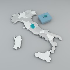 Map of Italy, Umbria region. 3d render. Regional political elections. Ballot box and voting card. Centrodestra