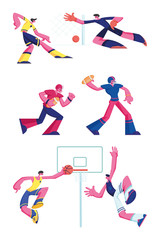 Fototapeta na wymiar Set of Football, Rugby and Basketball Players Isolated on White Background. Attack Man Put Ball into Basket, Soccer Player Kicking Ball, Goalkeeper Catching. Cartoon Flat Vector Illustration, Clip Art
