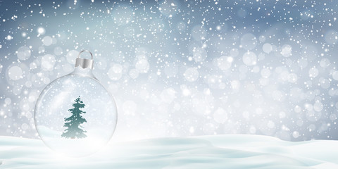 Christmas, Snowy landscape. Holiday winter landscape for Merry Christmas with Snowstorm, blizzard, firs, snowglobe, snow, snowflakes. Christmas scene. Happy new year