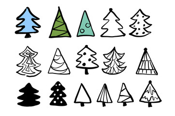 Vector christmas trees cute hand drawn design set