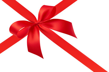Side view of a stunning chic simple handmade luxury bow with two loops and a red bright shiny silk...