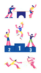 Ping Pong, Tennis and Winners Rewarding Set Isolated on White Background. Men with Medals Standing on Pedestal, Male and Female Characters Playing on Court. Cartoon Flat Vector Illustration, Clip Art