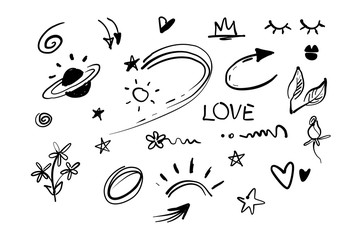 Hand drawn doodle swishes, swoops, emphasis vector set. Collection of black and white highlight text elements, calligraphy swirl, tail, flower, heart, graffiti crown etc