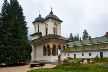 Sinaia Monastery, located in Sinaia, in Prahova County, Romania. Stone religious building of Christian Orthodox church built in the Byzantine style.