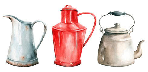 Vintage old teapots and jugs isolated watercolor drawings set.