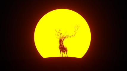 Silhouette of growing tree in a shape of a deer. Eco Concept. 3D rendering.